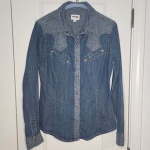 Wrangler Vintage Womens Blue Denim Western Shirt Contrast Yoke Long Sleeve Small